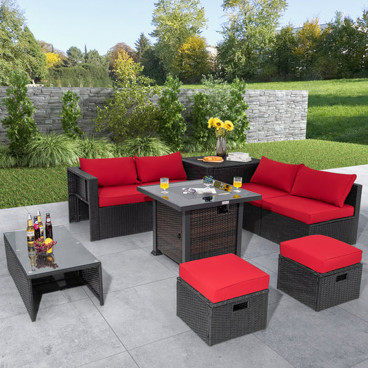 9 Pieces Patio Furniture Set with 32‚Äù Fire Pit Table and 50000 BTU Square Propane Fire Pit-Red