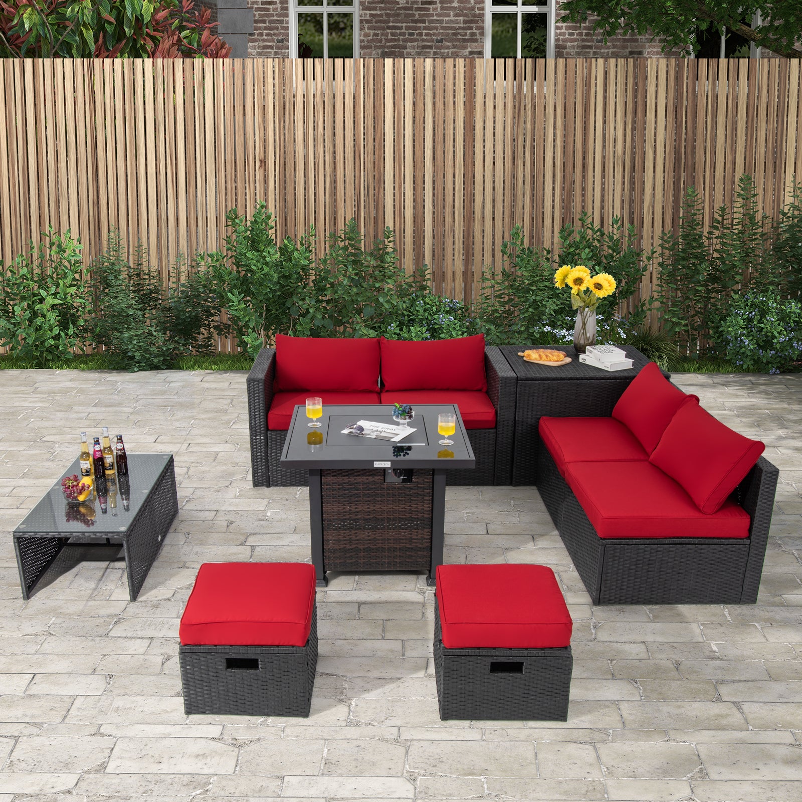 9 Pieces Patio Furniture Set with 32‚Äù Fire Pit Table and 50000 BTU Square Propane Fire Pit-Red