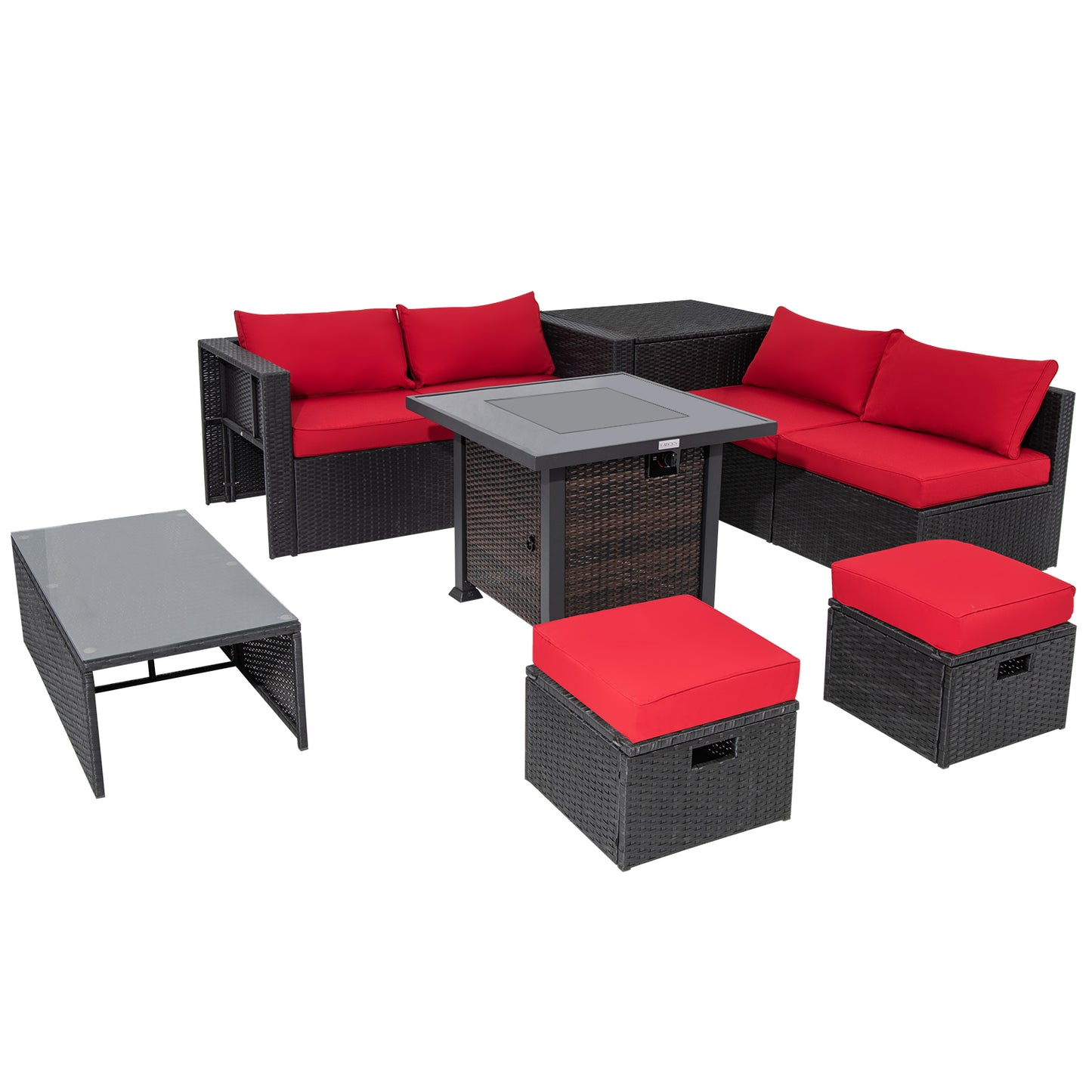 9 Pieces Patio Furniture Set with 32‚Äù Fire Pit Table and 50000 BTU Square Propane Fire Pit-Red