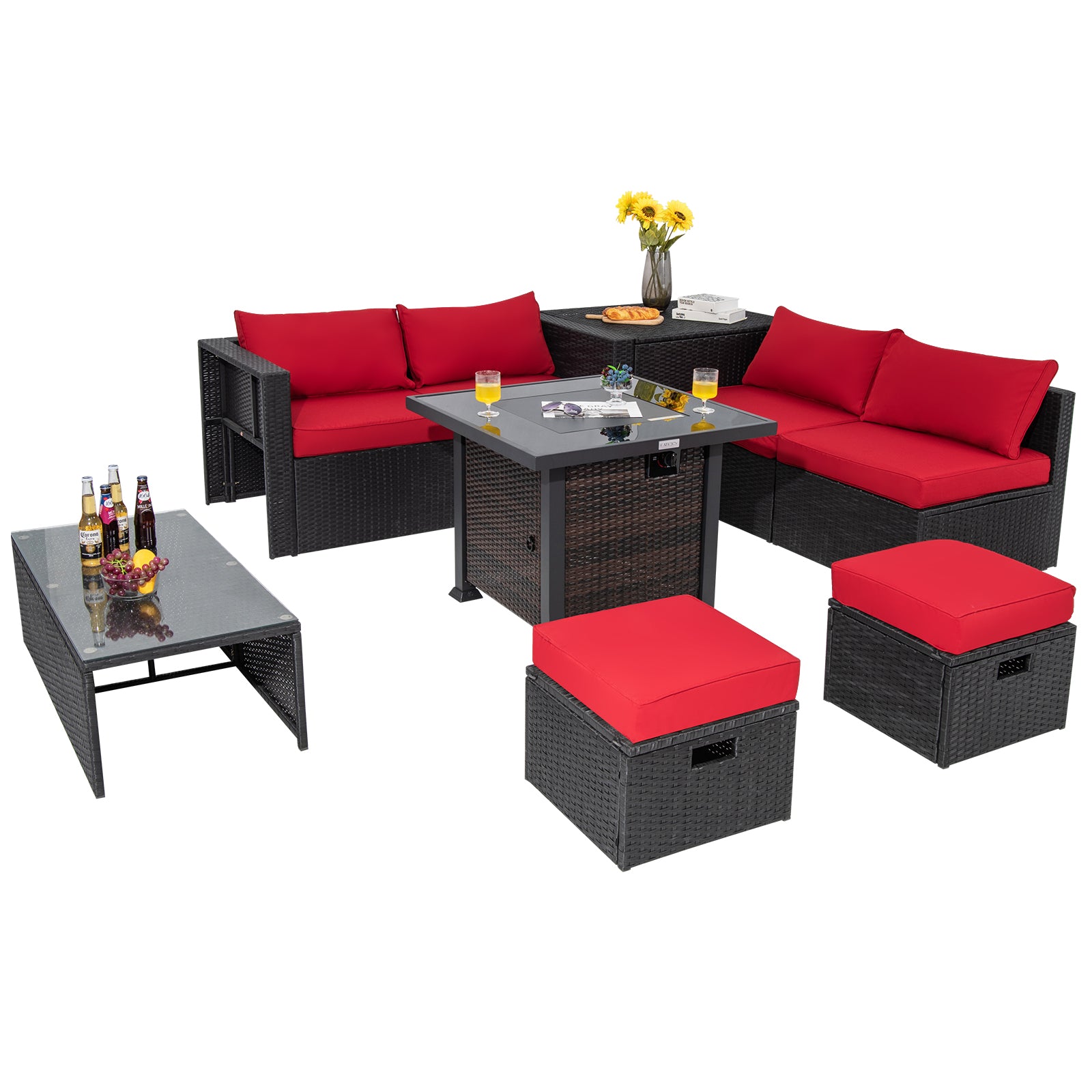 9 Pieces Patio Furniture Set with 32‚Äù Fire Pit Table and 50000 BTU Square Propane Fire Pit-Red