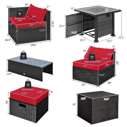 9 Pieces Patio Furniture Set with 32‚Äù Fire Pit Table and 50000 BTU Square Propane Fire Pit-Red