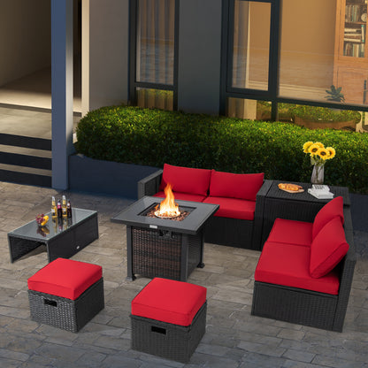 9 Pieces Patio Furniture Set with 32‚Äù Fire Pit Table and 50000 BTU Square Propane Fire Pit-Red