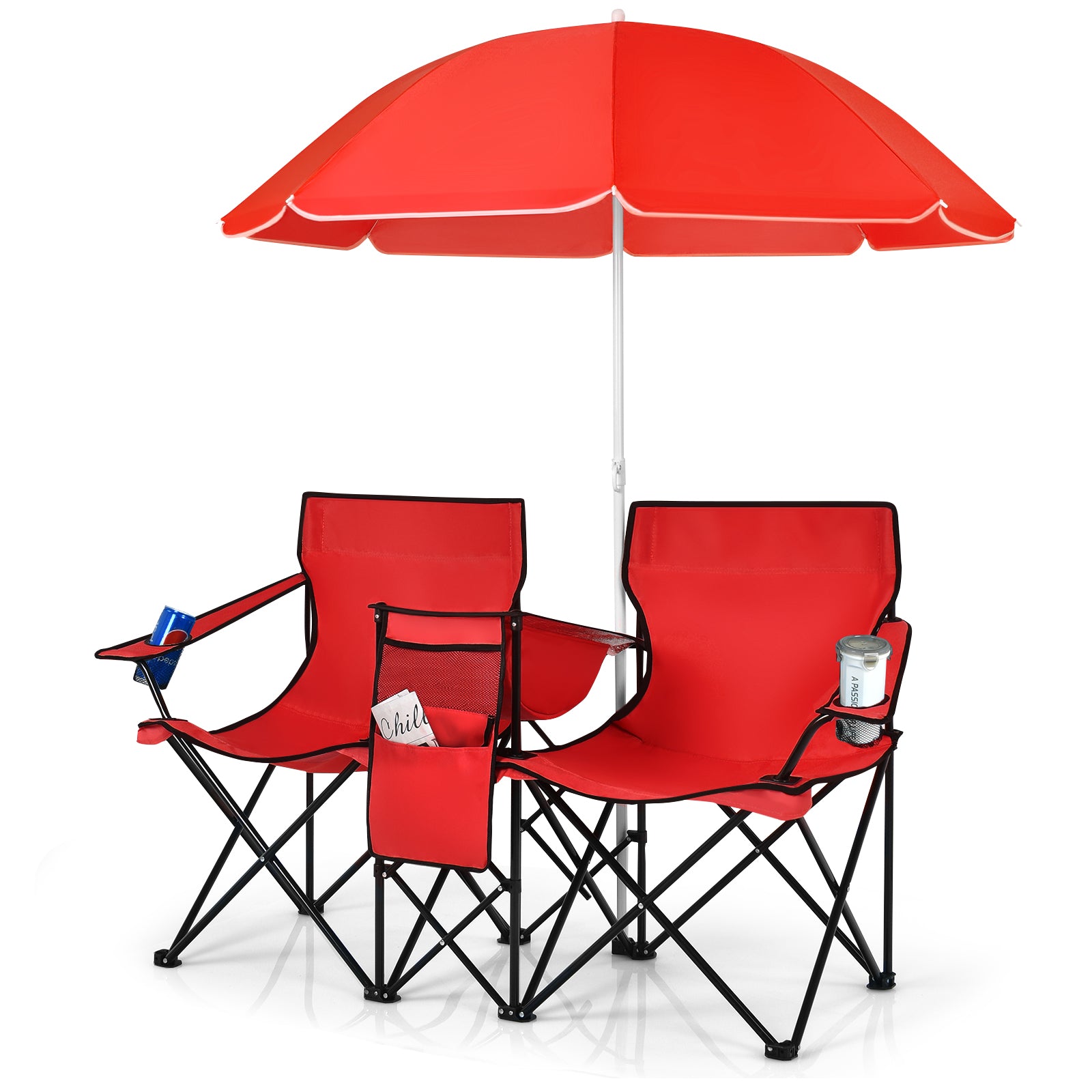 Portable Folding Picnic Double Chair With Removable Umbrella-Green - Red