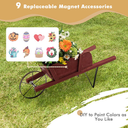 Wooden Wagon Planter with 9 Magnetic Accessories for Garden Yard-Walnut - Red