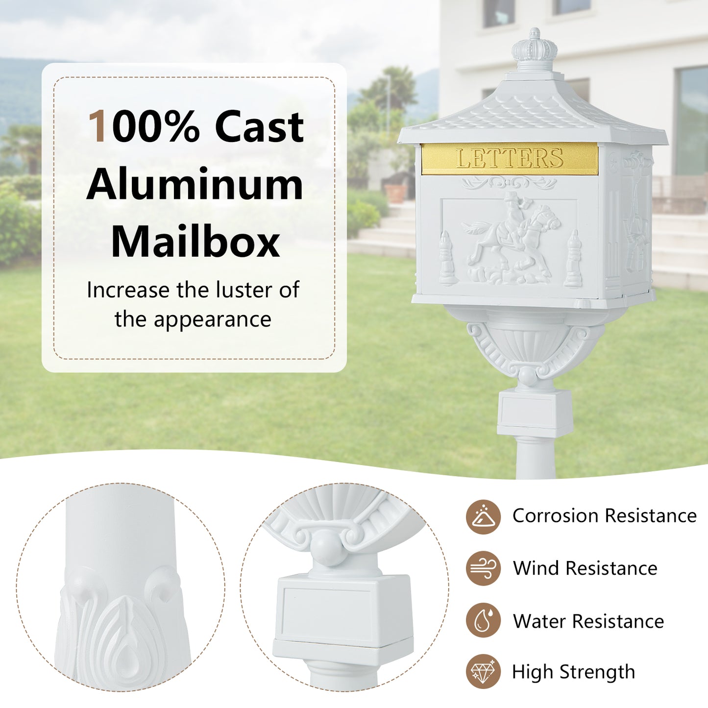 Retro Cast Aluminum Mailbox Security Postal Letter Box with Baffle Door-White