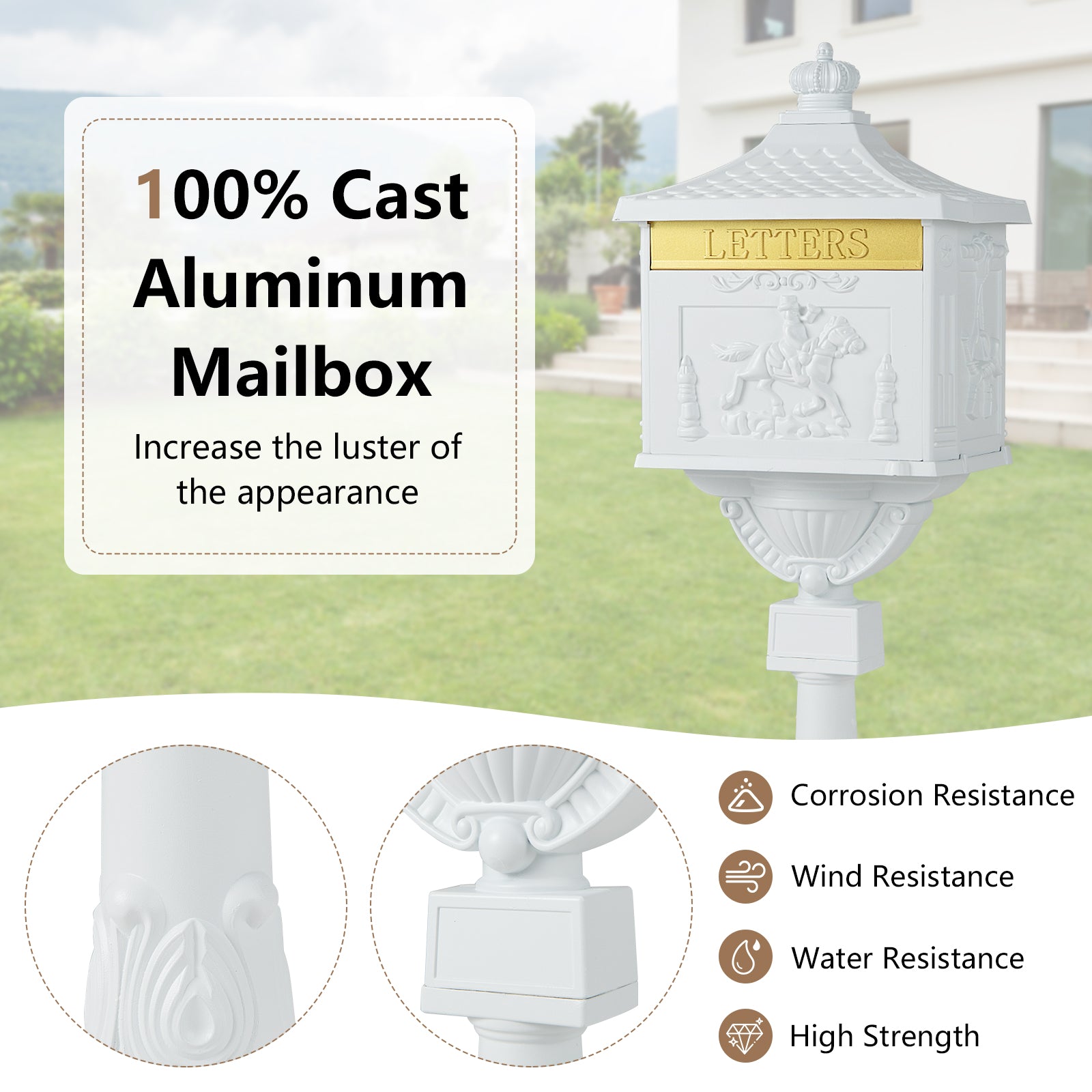 Retro Cast Aluminum Mailbox Security Postal Letter Box with Baffle Door-White
