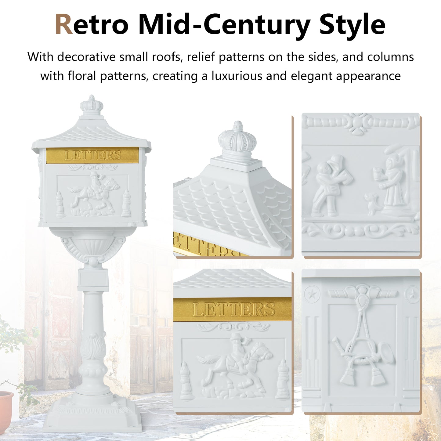 Retro Cast Aluminum Mailbox Security Postal Letter Box with Baffle Door-White