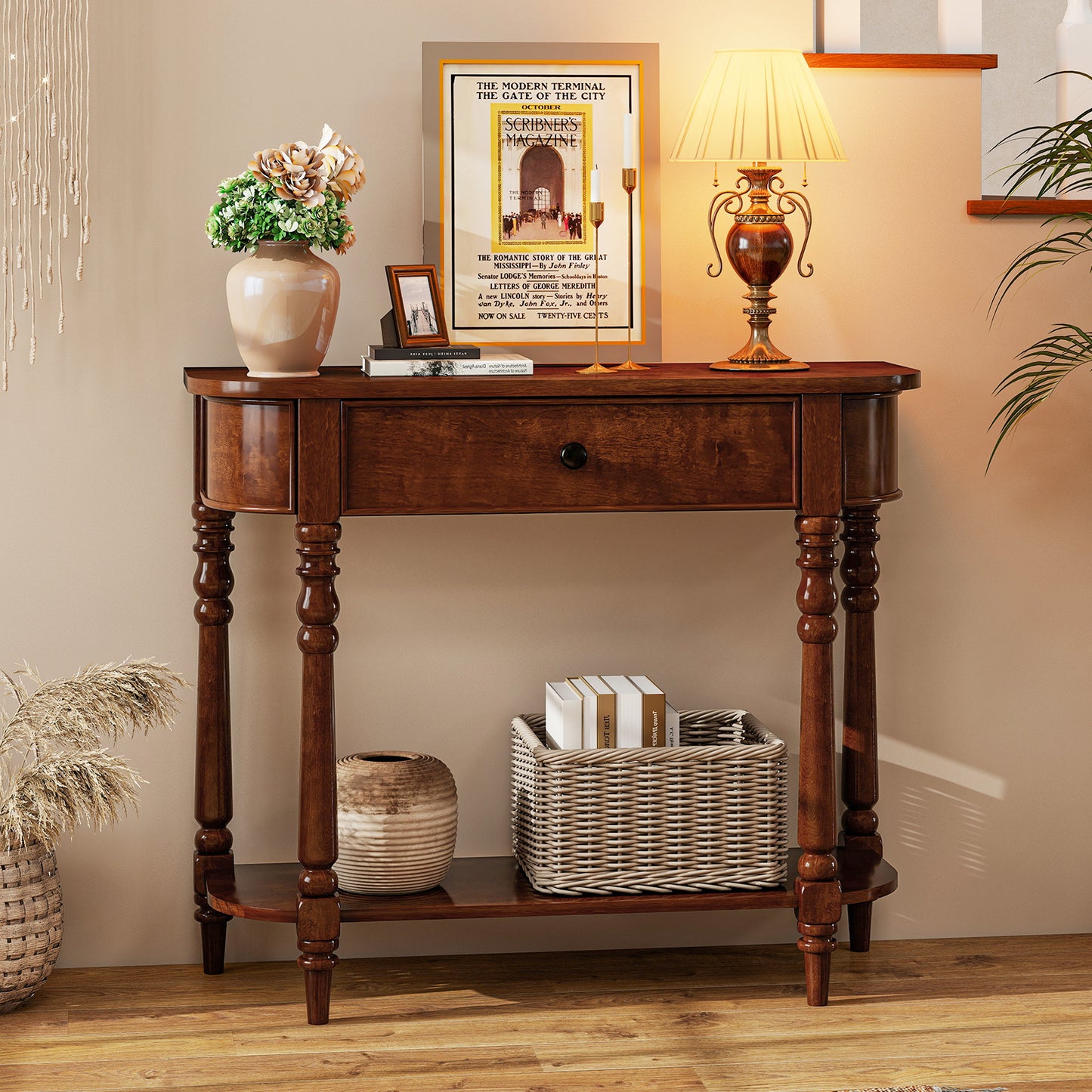 Retro Console Table 36"L Wooden 2-Tier Narrow Behind Couch Foyer Table-Brown