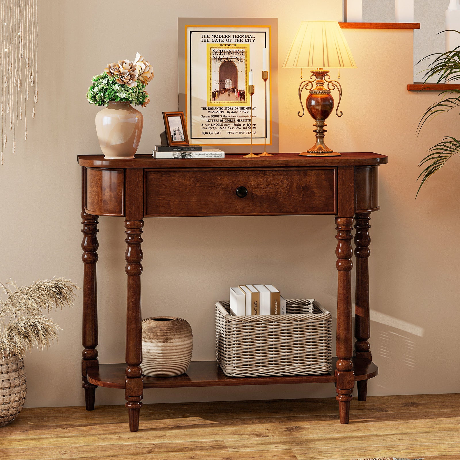 Retro Console Table 36"L Wooden 2-Tier Narrow Behind Couch Foyer Table-Brown