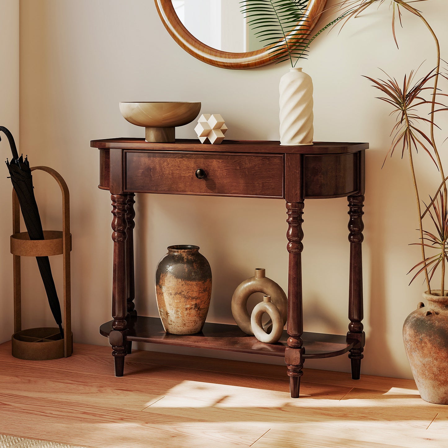 Retro Console Table 36"L Wooden 2-Tier Narrow Behind Couch Foyer Table-Brown