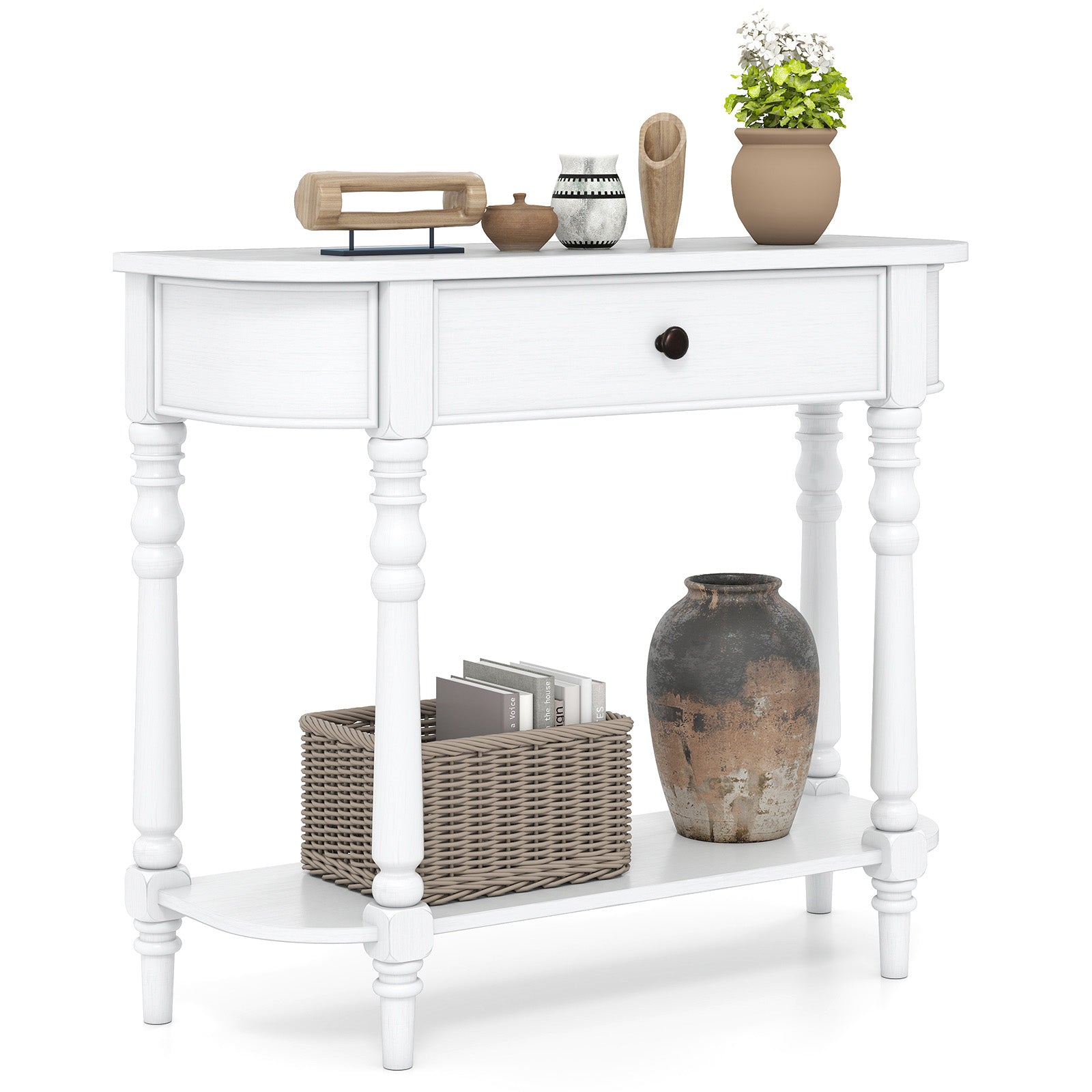 Retro Console Table 36"L Wooden 2-Tier Narrow Behind Couch Foyer Table-White