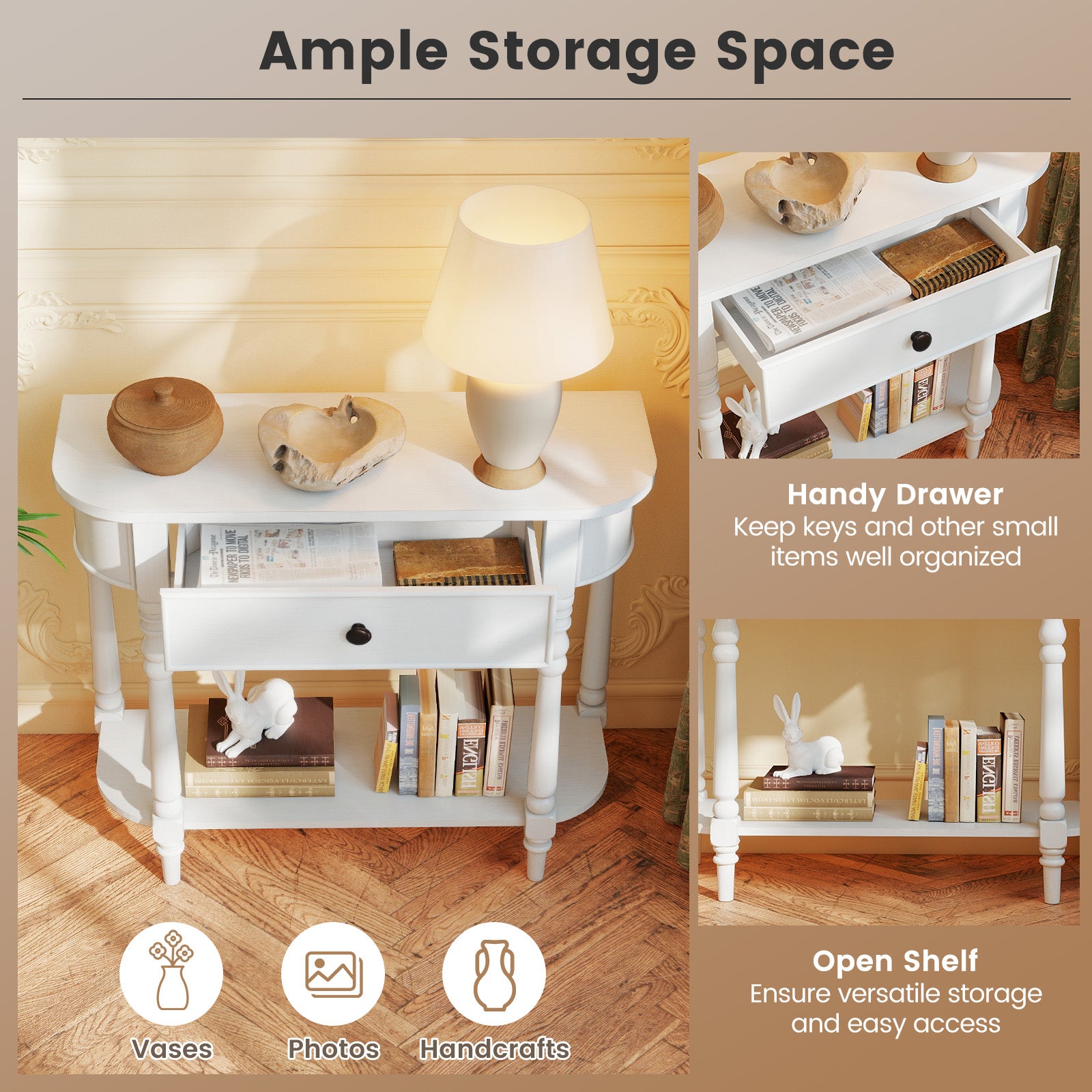 Retro Console Table 36"L Wooden 2-Tier Narrow Behind Couch Foyer Table-White