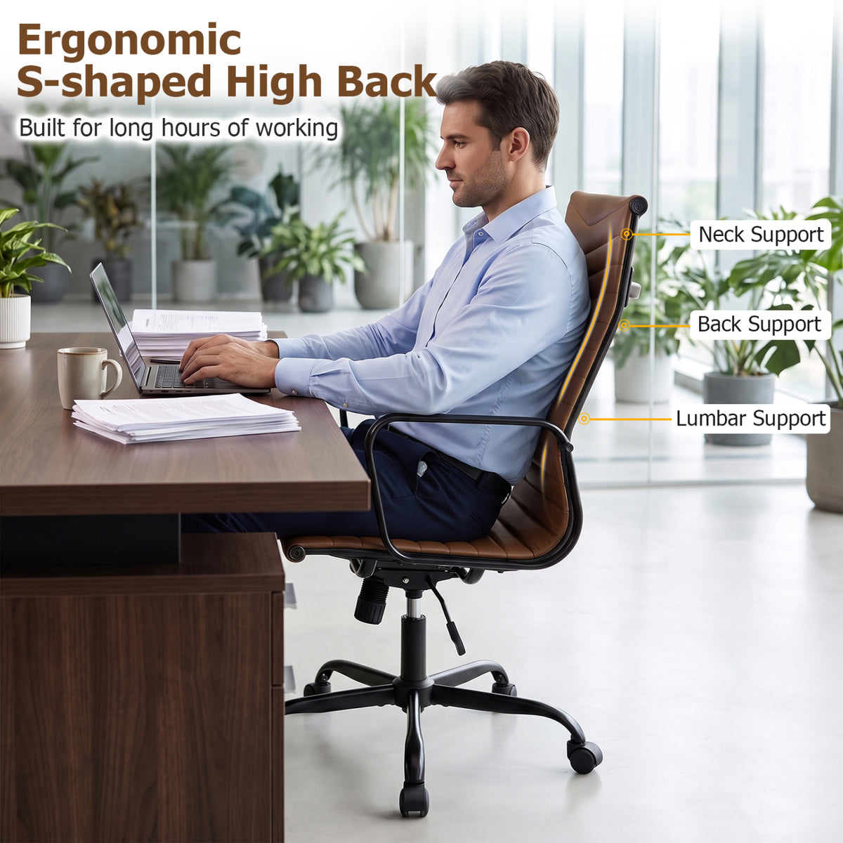 Ribbed High Back Office Chair with Adjustable Height