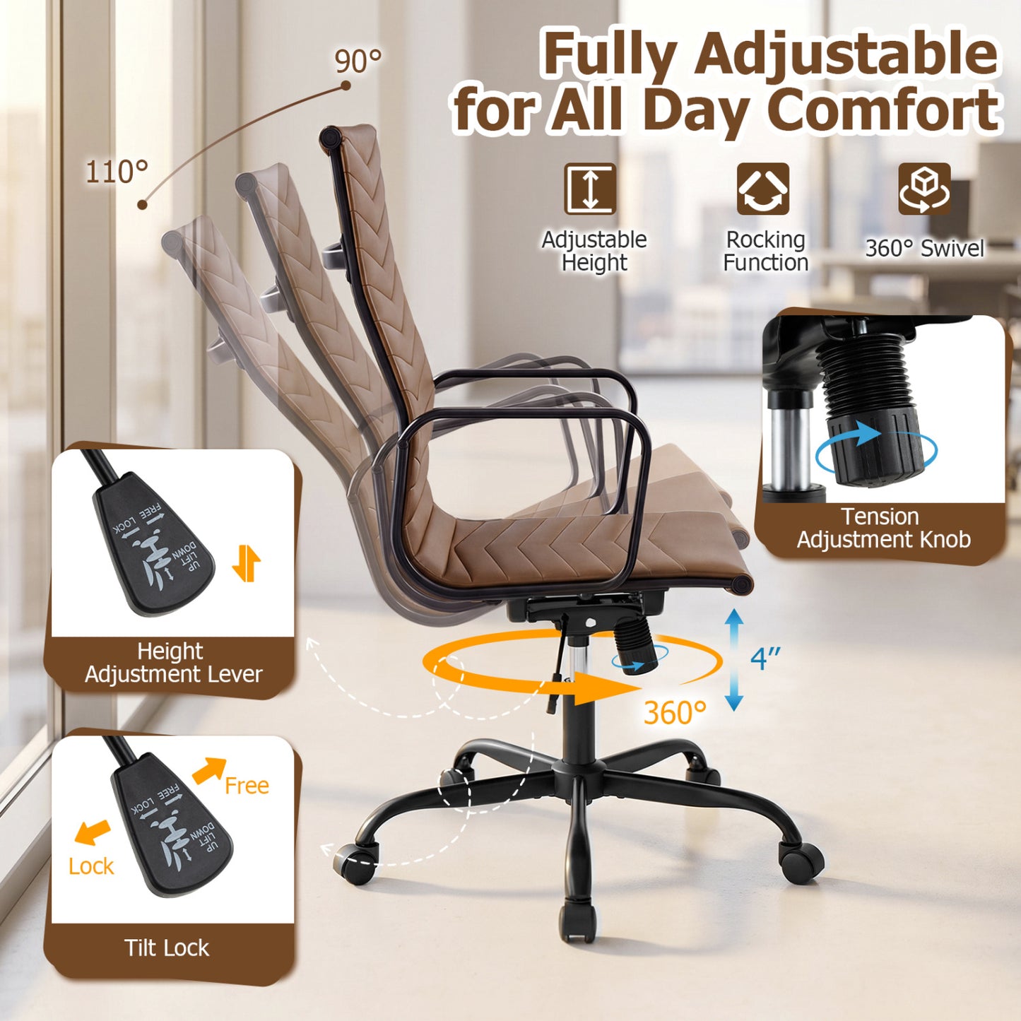 Ribbed High Back Office Chair with Adjustable Height