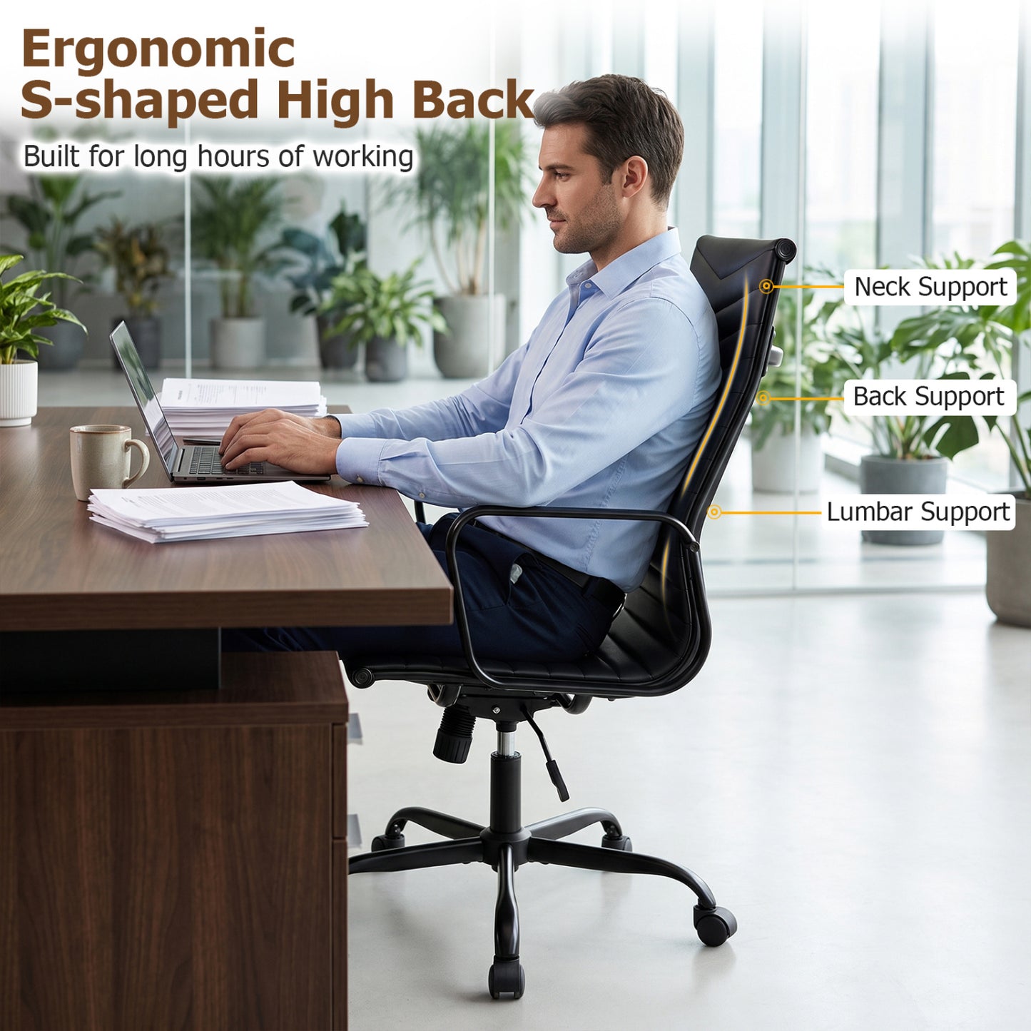 Ribbed High Back Office Chair with Adjustable Height