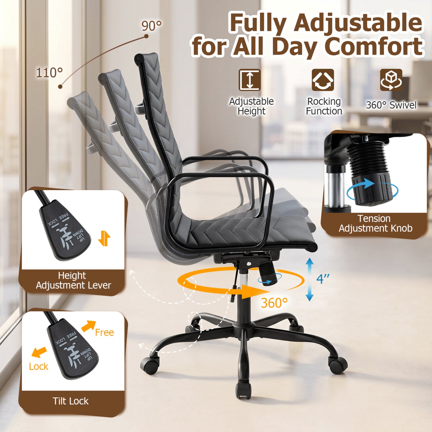 Ribbed High Back Office Chair with Adjustable Height