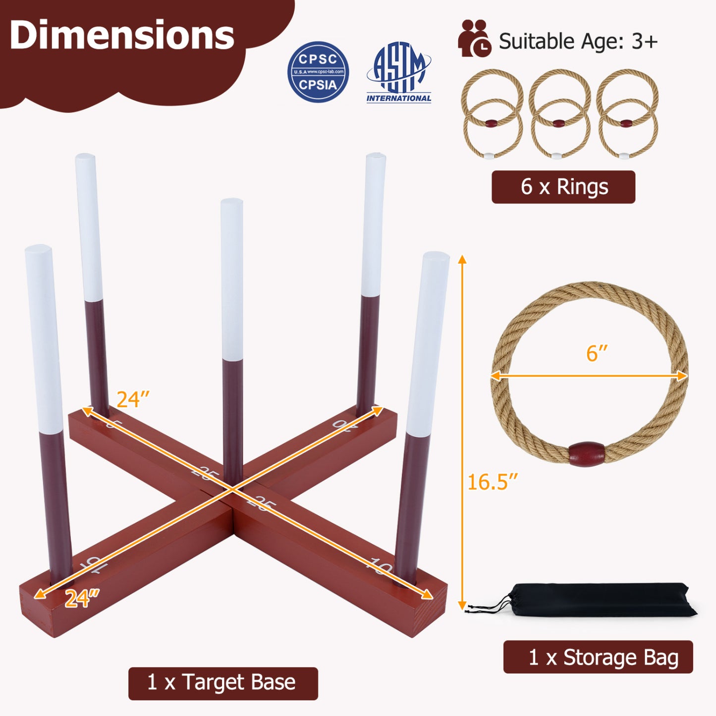 Ring Toss Game Set with 6 Rope Rings and Storage Bag