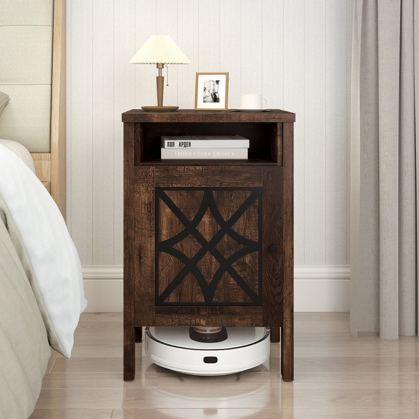 Robot Vacuum Storage Cabinet with Door and Open Shelf for Living Room Bedroom-Brown