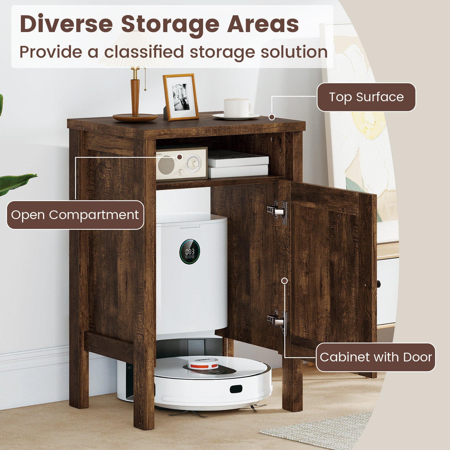 Robot Vacuum Storage Cabinet with Door and Open Shelf for Living Room Bedroom-Brown