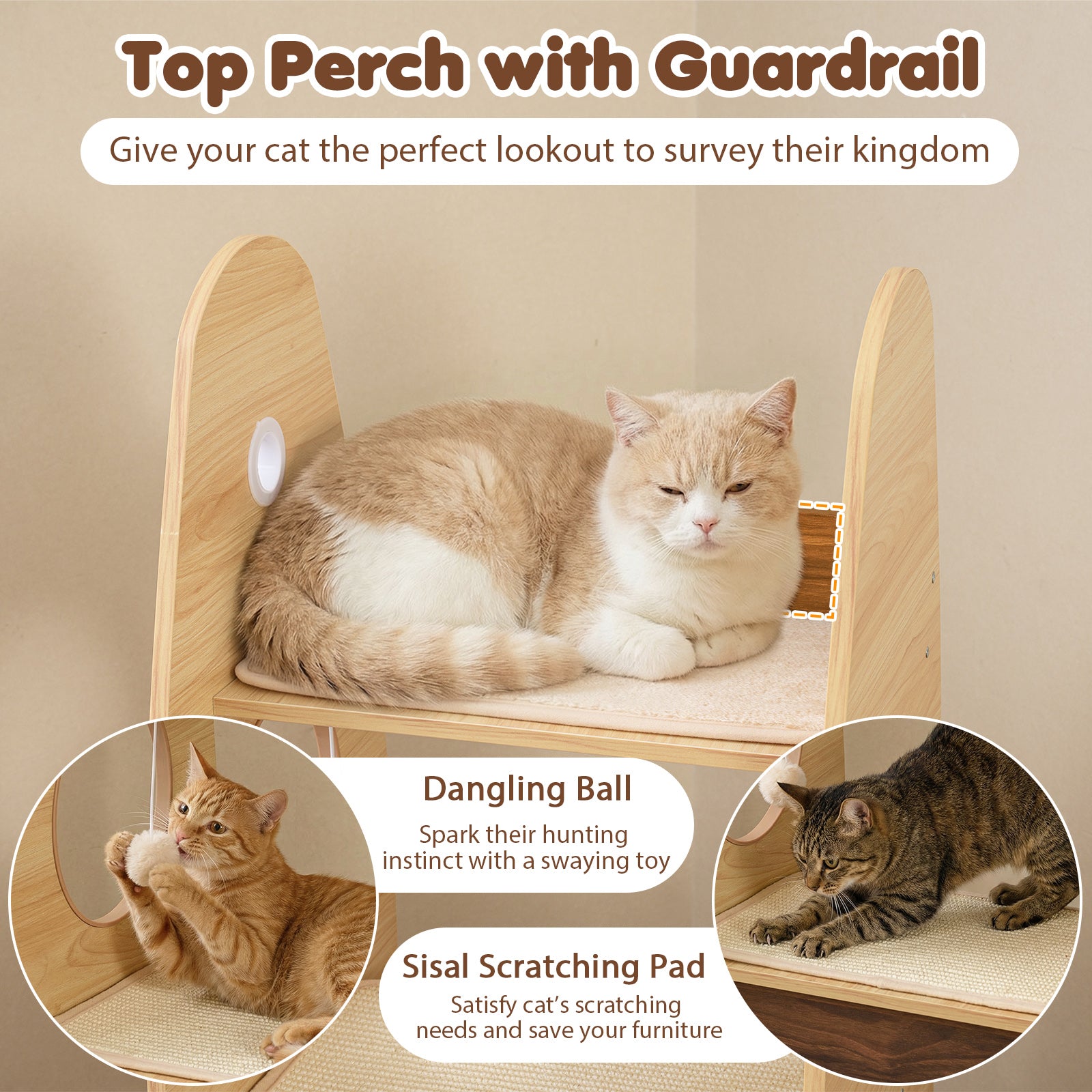 Rocket Cat Tree 47 Inch Large Wooden Cat Tower for Indoor Cats-Natural
