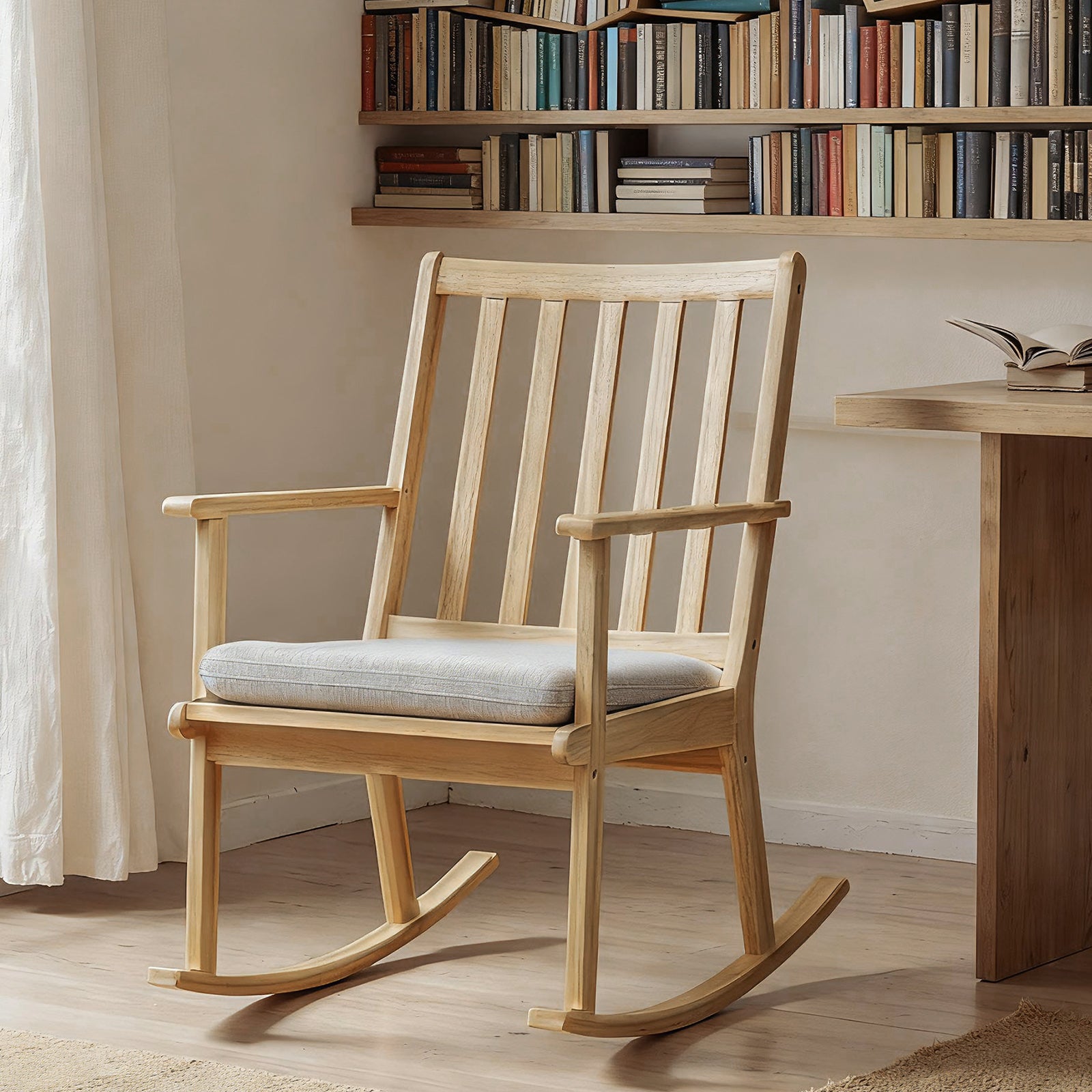 Rocking Chair with Cushion Solid Rubber Wood Rocker with Padded Seat-Natural