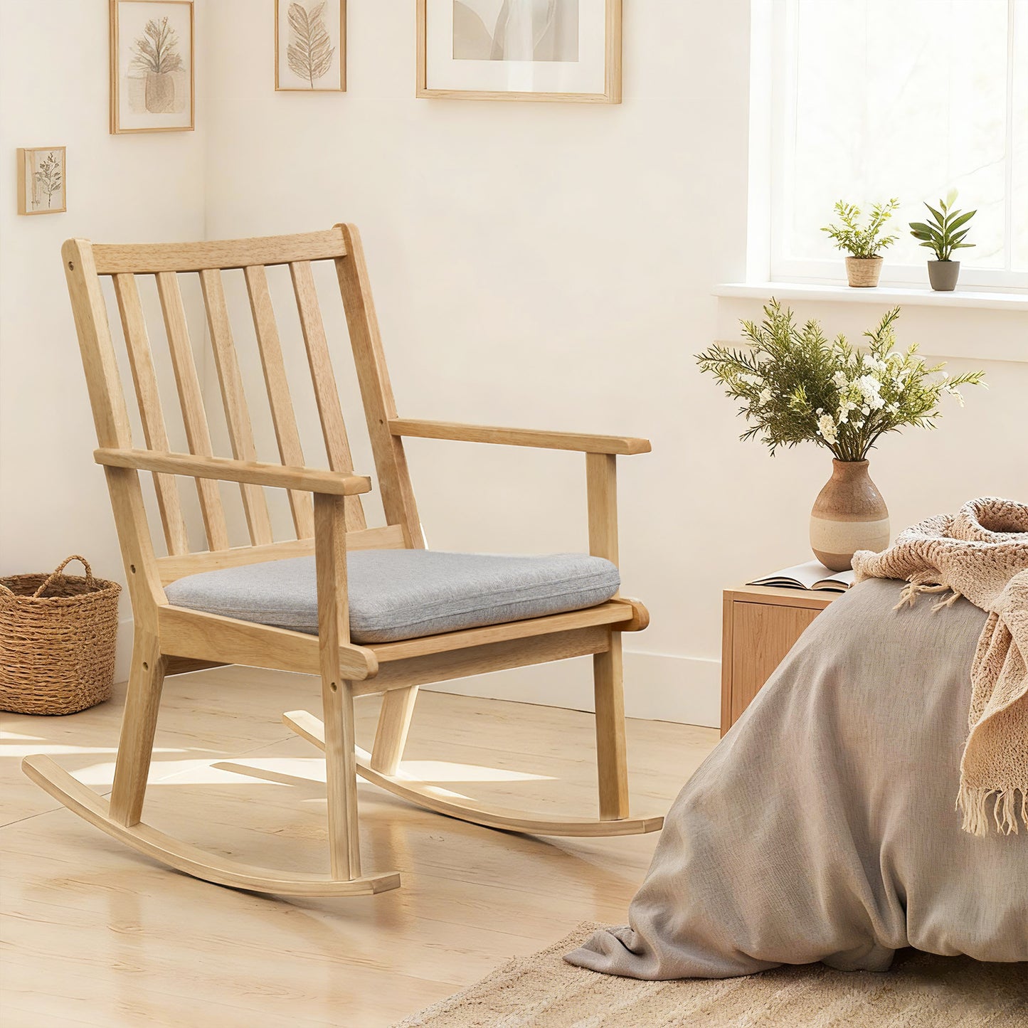 Rocking Chair with Cushion Solid Rubber Wood Rocker with Padded Seat-Natural