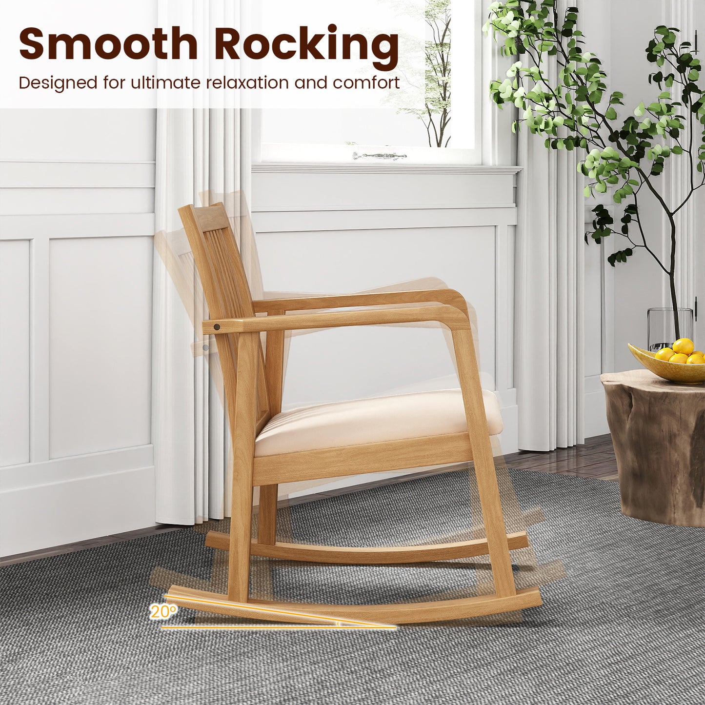Rocking Chair with Slatted Back and Curved Armrests-Natural