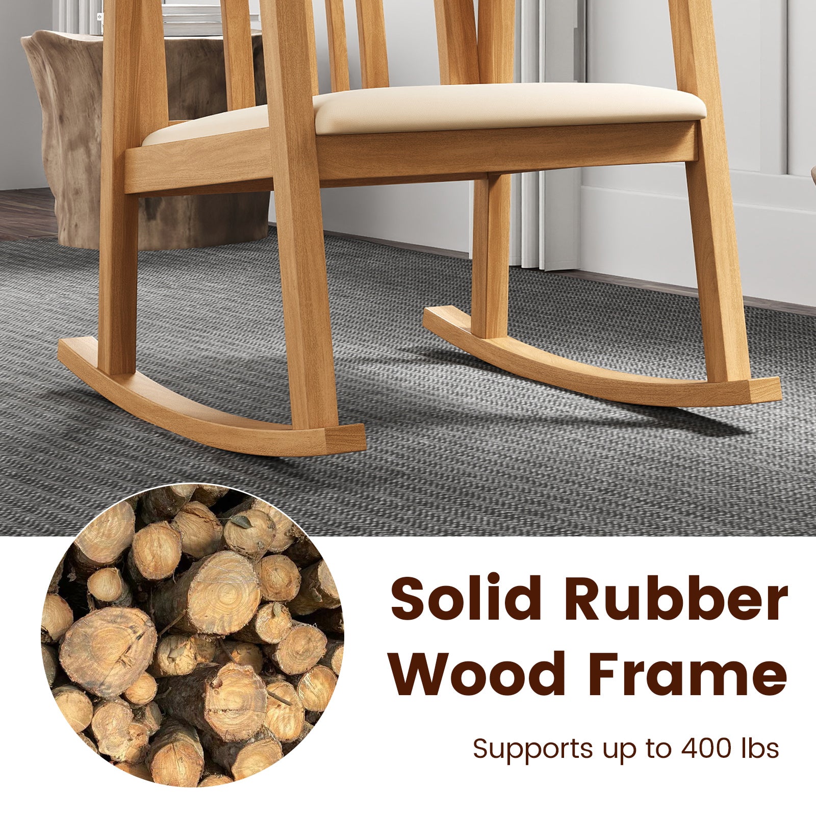 Rocking Chair with Slatted Back and Curved Armrests-Natural