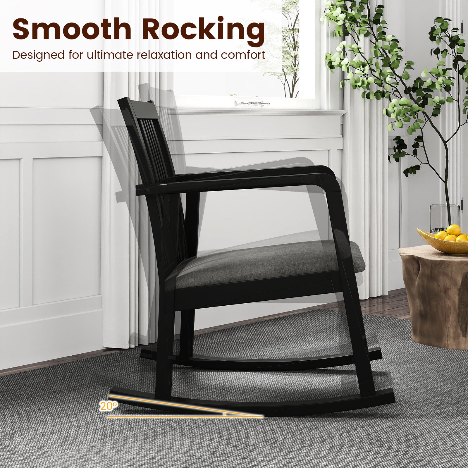 Rocking Chair with Slatted Back and Curved Armrests-Black
