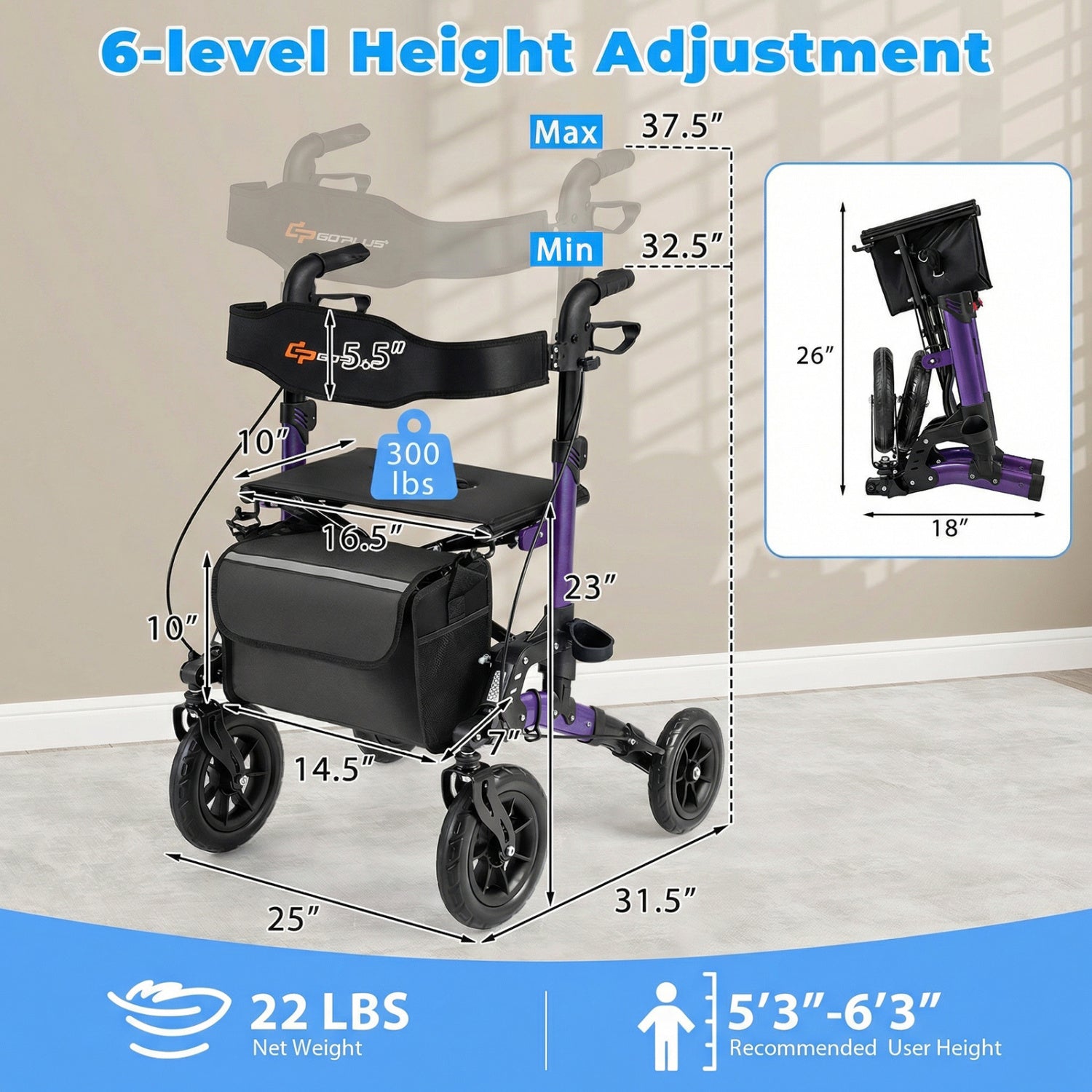 Rollator Walker for Seniors Folding Rolling Walker with Seat-Purple