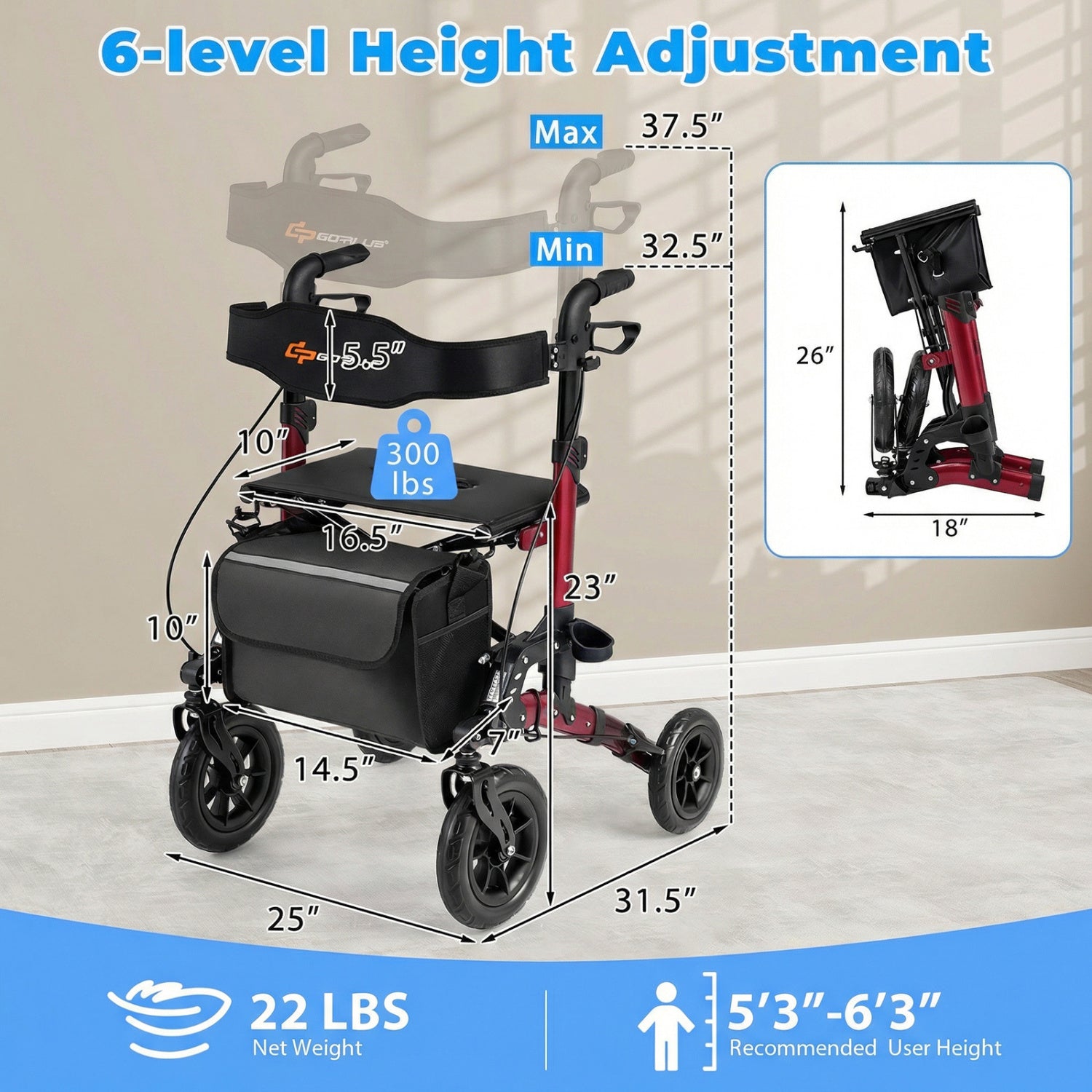 Rollator Walker for Seniors Folding Rolling Walker with Seat-Red