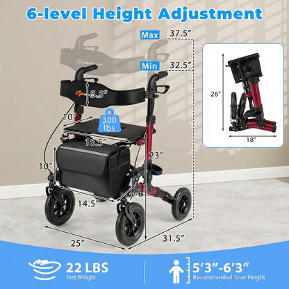 Rollator Walker for Seniors Folding Rolling Walker with Seat-Red