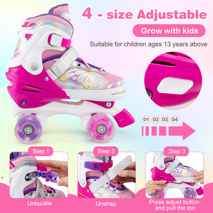 Roller Skates for Teens 4 Sizes Adjustable with Light-up Wheels for Boys Girls Ages 13+-Rose Red