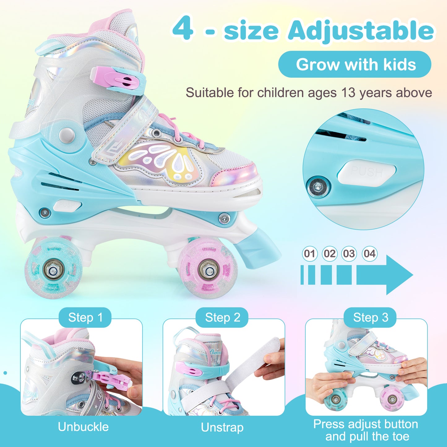 Roller Skates for Teens 4 Sizes Adjustable with Light-up Wheels for Boys Girls Ages 13+-Blue
