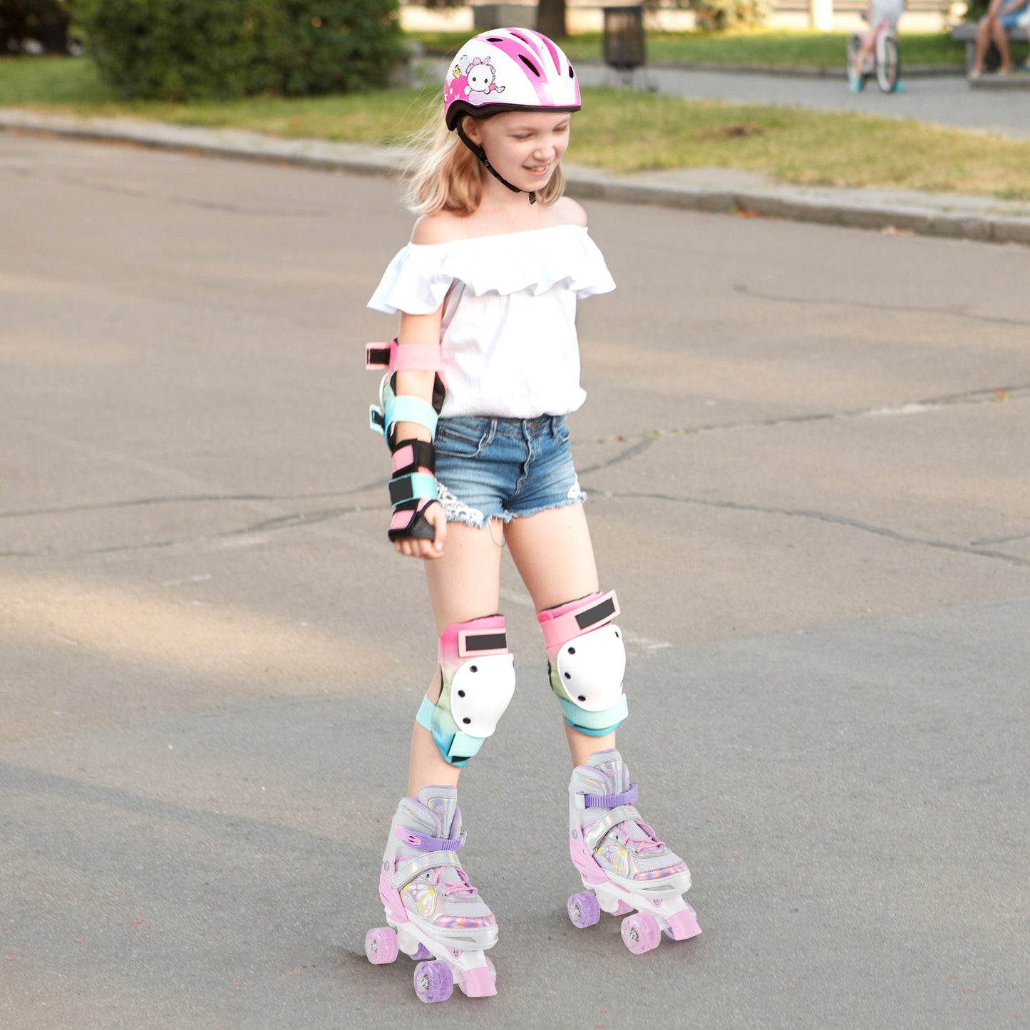 Roller Skates for Teens 4 Sizes Adjustable with Light-up Wheels for Boys Girls Ages 13+-Light Pink