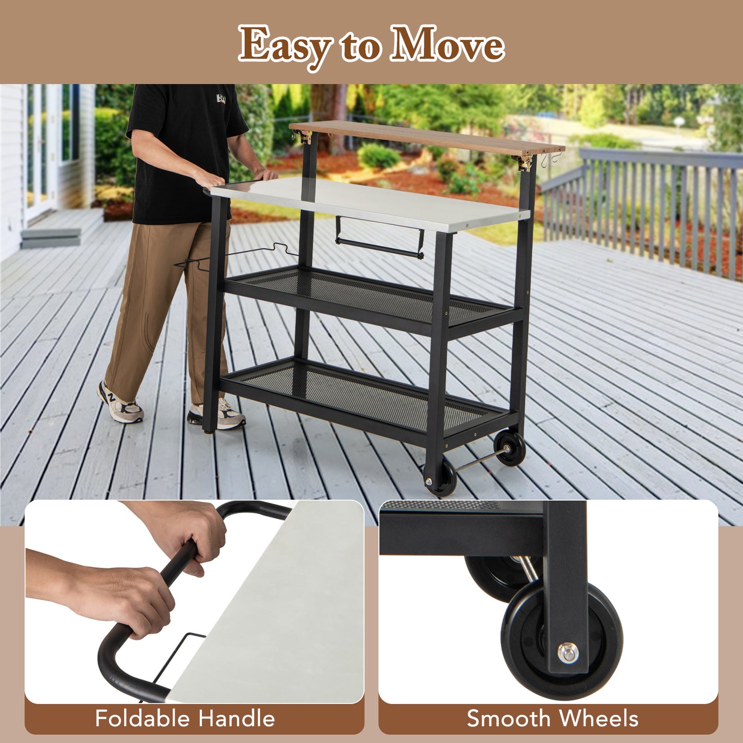 Rolling Bar Cart with Flip-up Table and Hooks for Kitchen