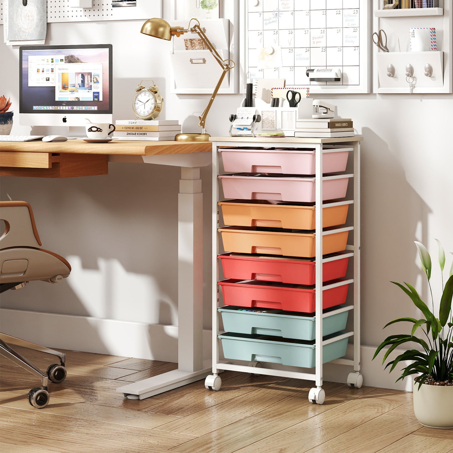 8-Drawer Rolling Storage Cart with Wooden Top and Lockable Wheels