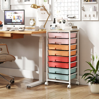 8-Drawer Rolling Storage Cart with Wooden Top and Lockable Wheels