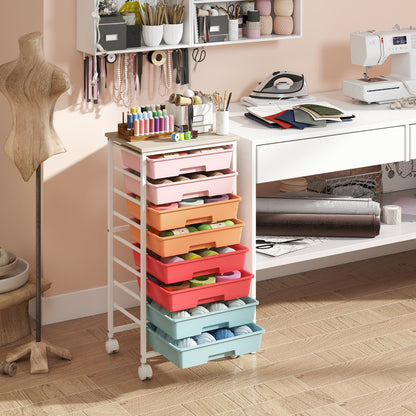 8-Drawer Rolling Storage Cart with Wooden Top and Lockable Wheels