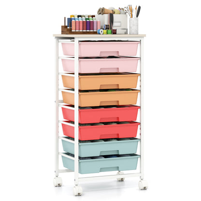 8-Drawer Rolling Storage Cart with Wooden Top and Lockable Wheels