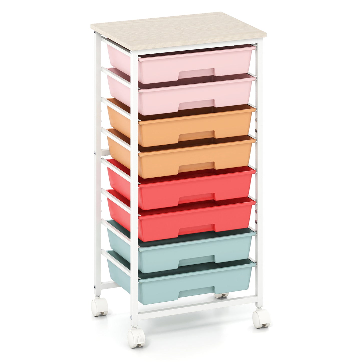 8-Drawer Rolling Storage Cart with Wooden Top and Lockable Wheels