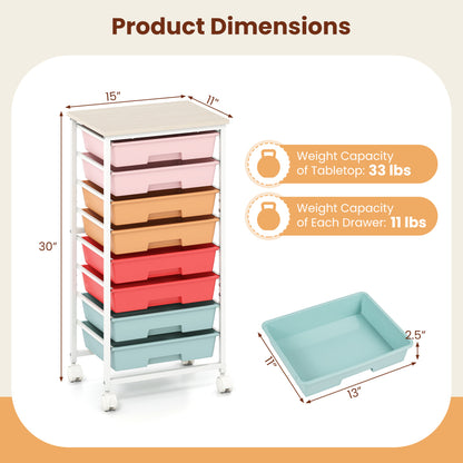 8-Drawer Rolling Storage Cart with Wooden Top and Lockable Wheels
