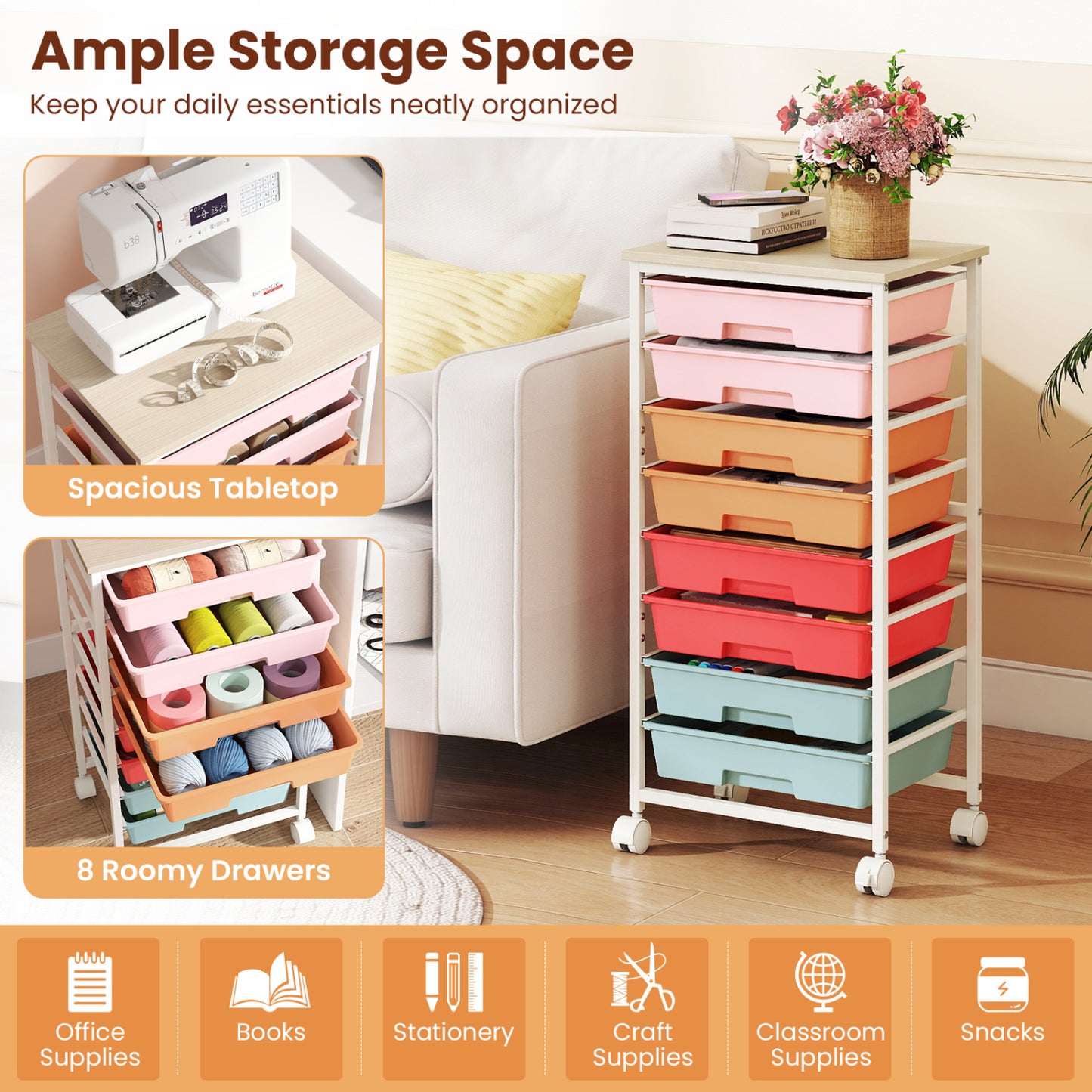 8-Drawer Rolling Storage Cart with Wooden Top and Lockable Wheels