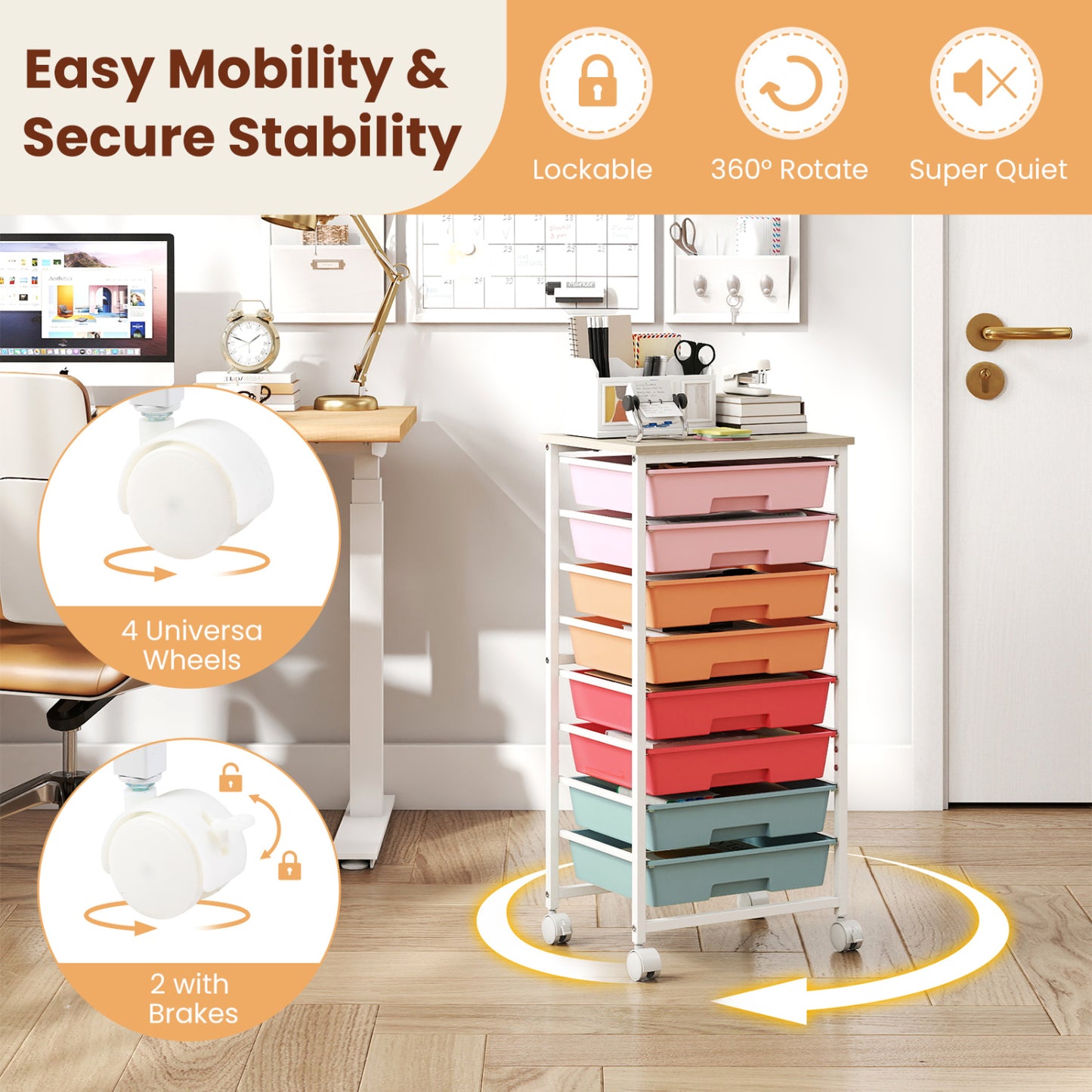 8-Drawer Rolling Storage Cart with Wooden Top and Lockable Wheels