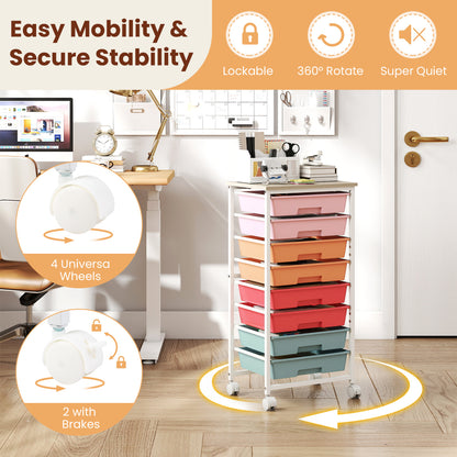 8-Drawer Rolling Storage Cart with Wooden Top and Lockable Wheels