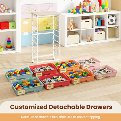 8-Drawer Rolling Storage Cart with Wooden Top and Lockable Wheels