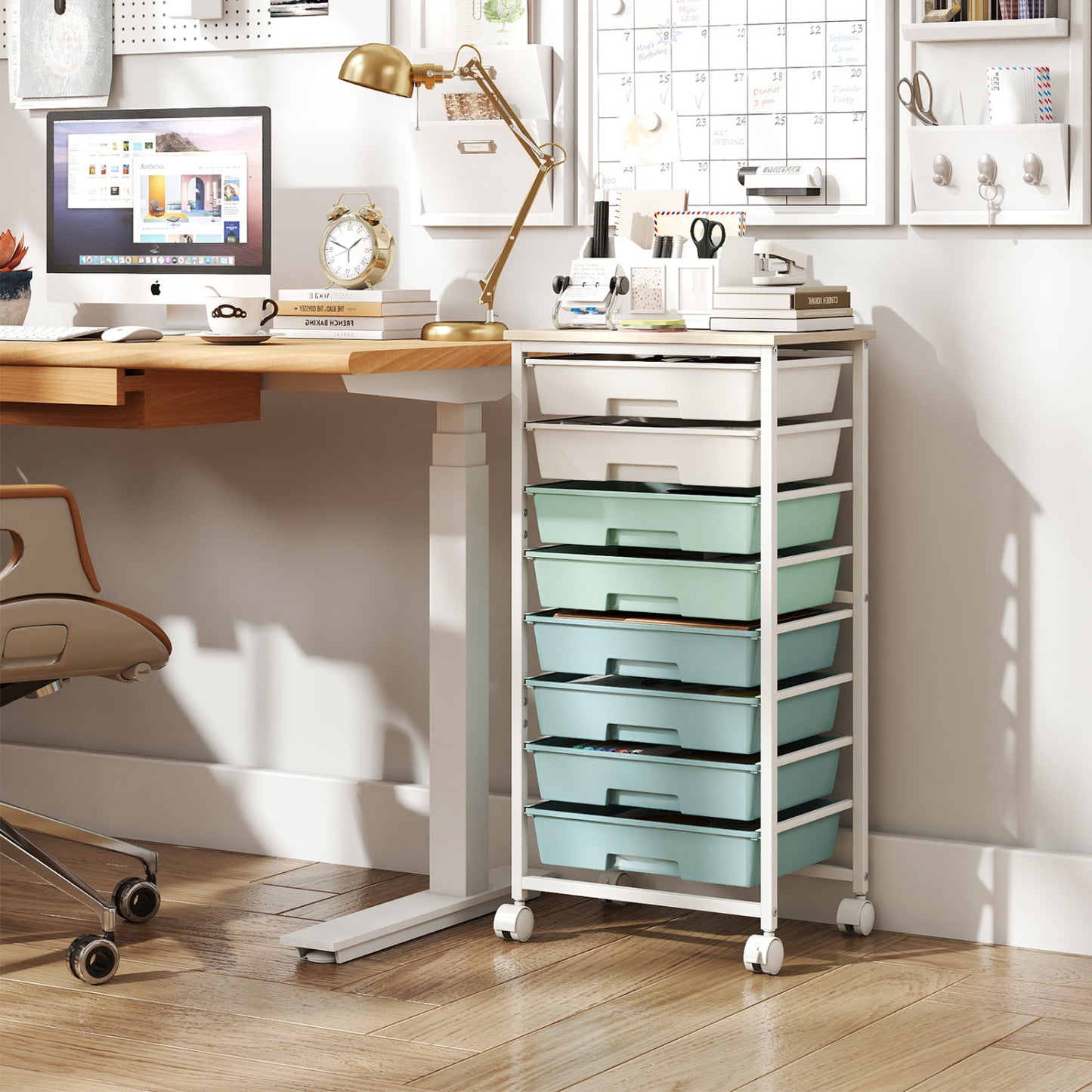 8-Drawer Rolling Storage Cart with Wooden Top and Lockable Wheels