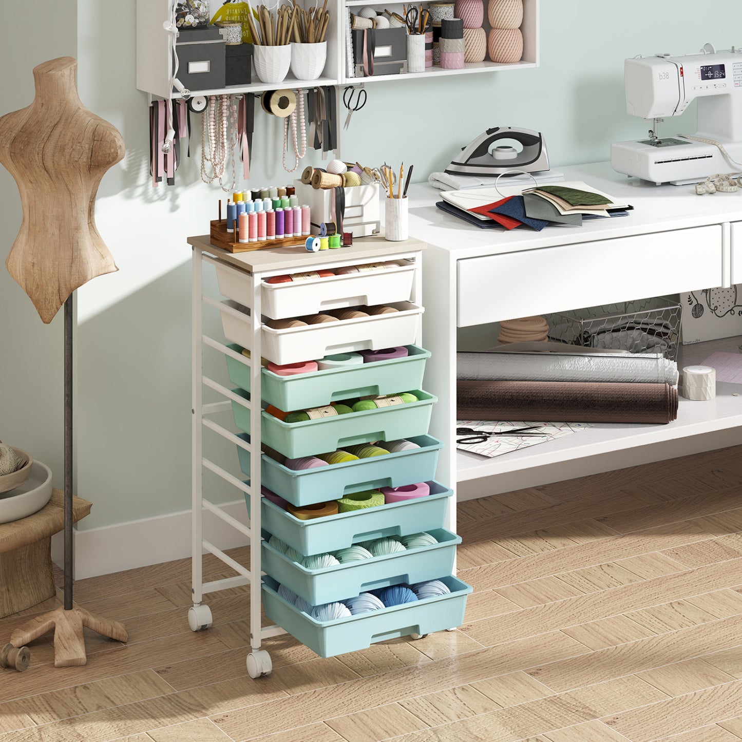 8-Drawer Rolling Storage Cart with Wooden Top and Lockable Wheels