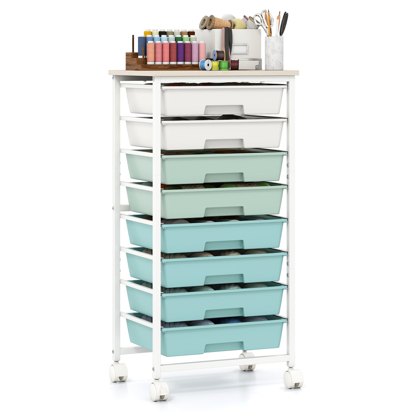 8-Drawer Rolling Storage Cart with Wooden Top and Lockable Wheels