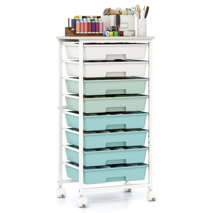 8-Drawer Rolling Storage Cart with Wooden Top and Lockable Wheels